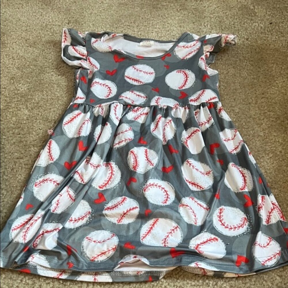 Gray Baseball Print Kids Dress